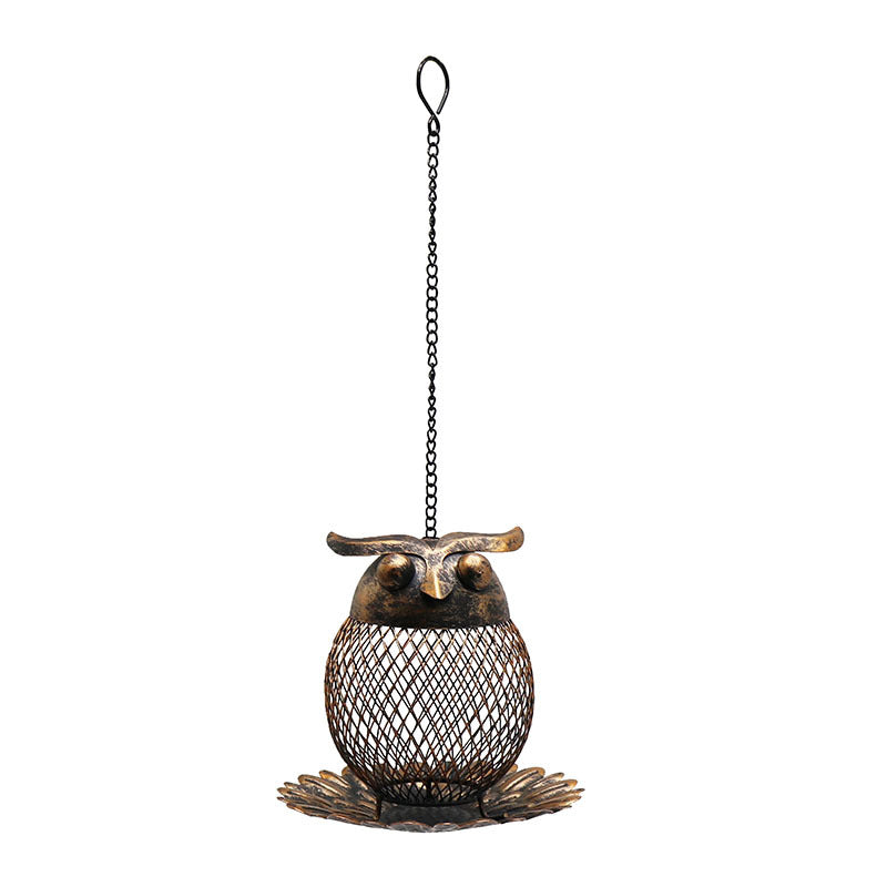 Bronze metal owl shaped hanging bird feeder for gardens, view 3