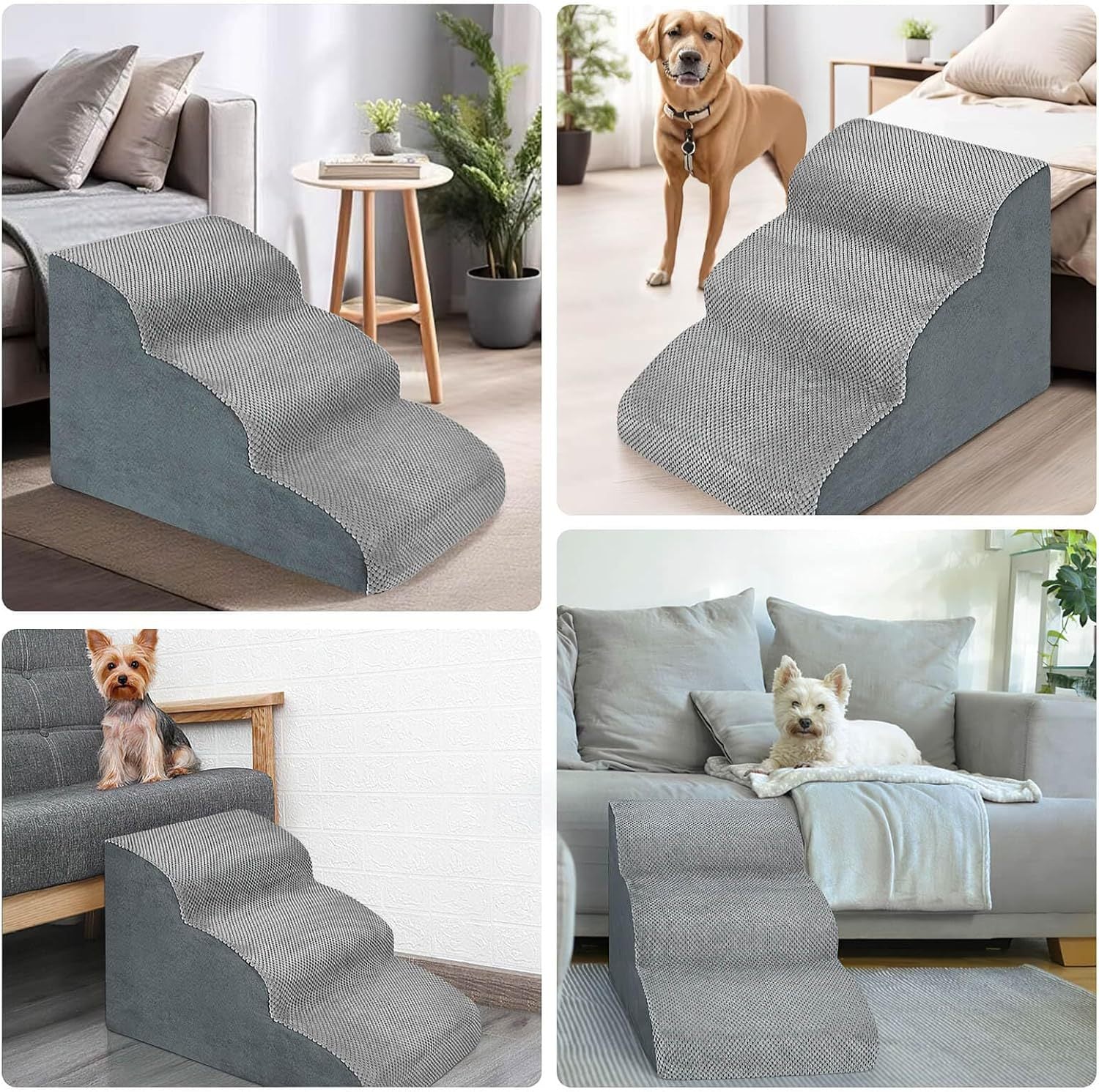 Foam dog stairs in use beside sofas and beds with small dogs climbing up