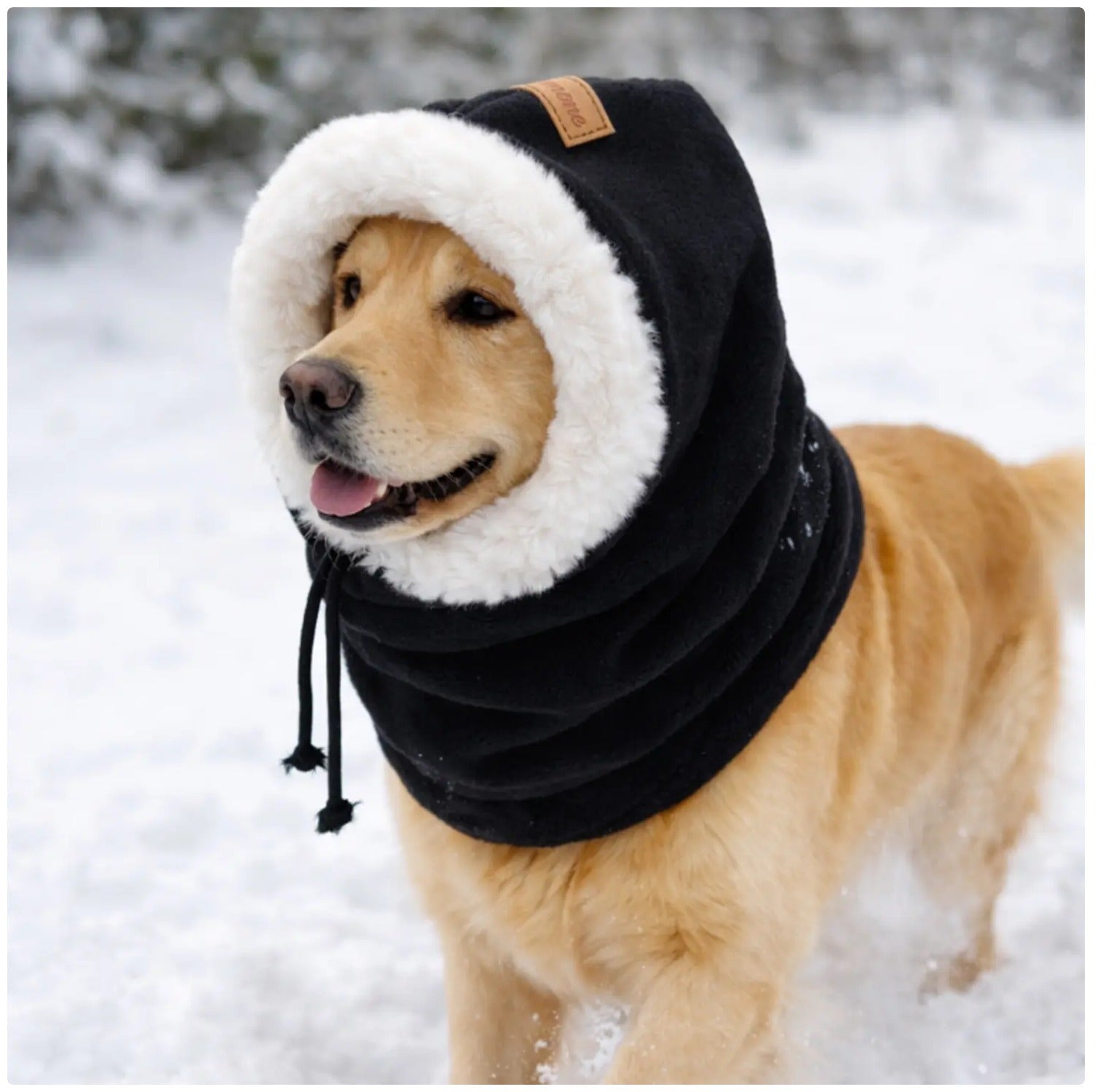 Black pet winter hat with long ear flaps and elastic strap