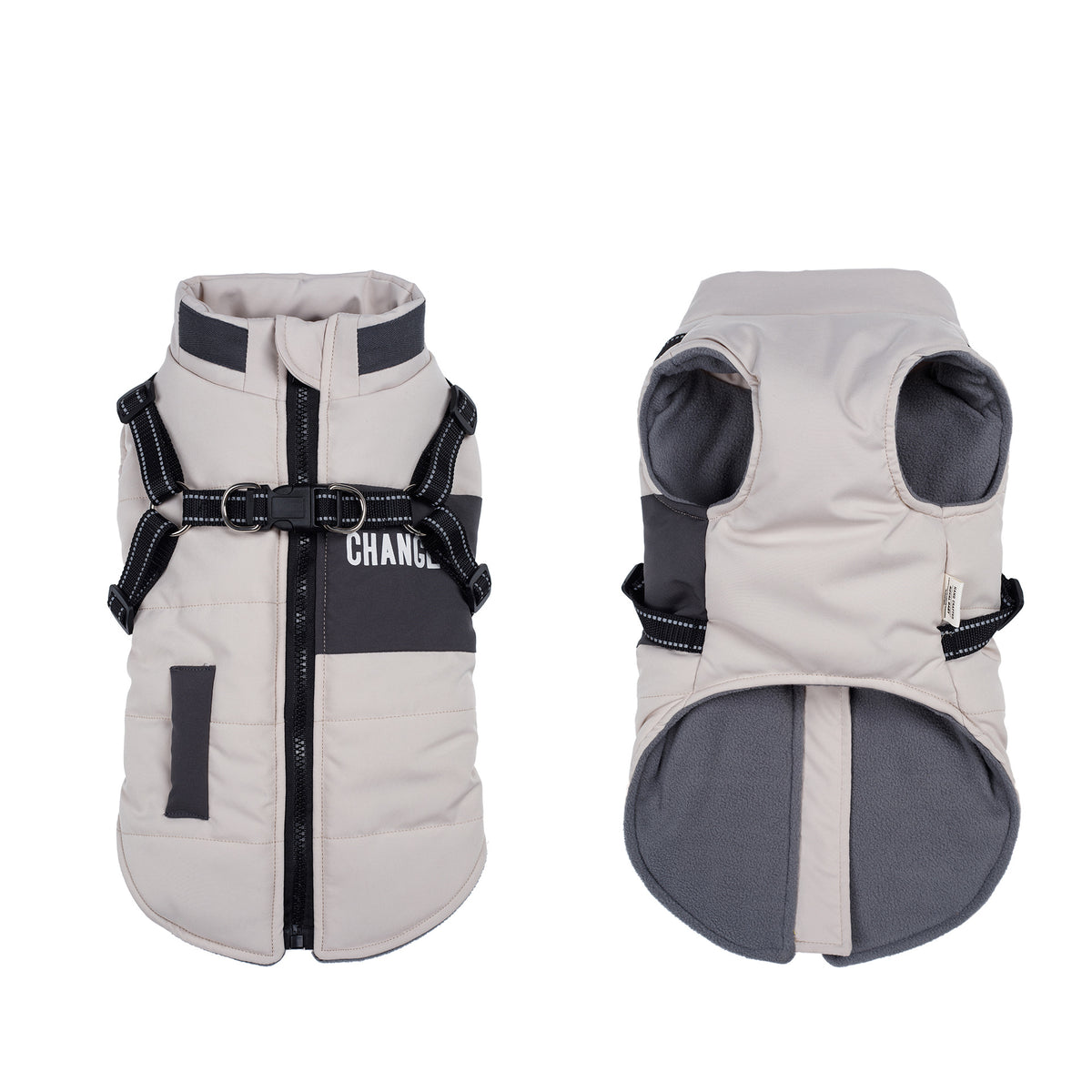 Stand collar padded dog winter coat in Fog Blue, in use with a pet