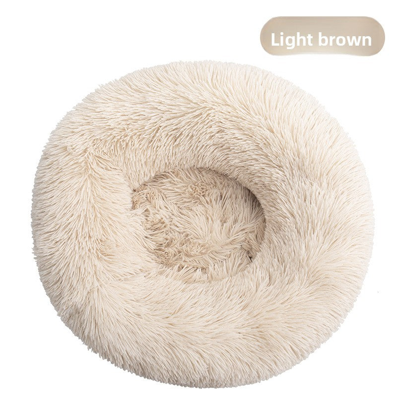 Light brown washable plush round pet bed with anti-slip base, photo 11