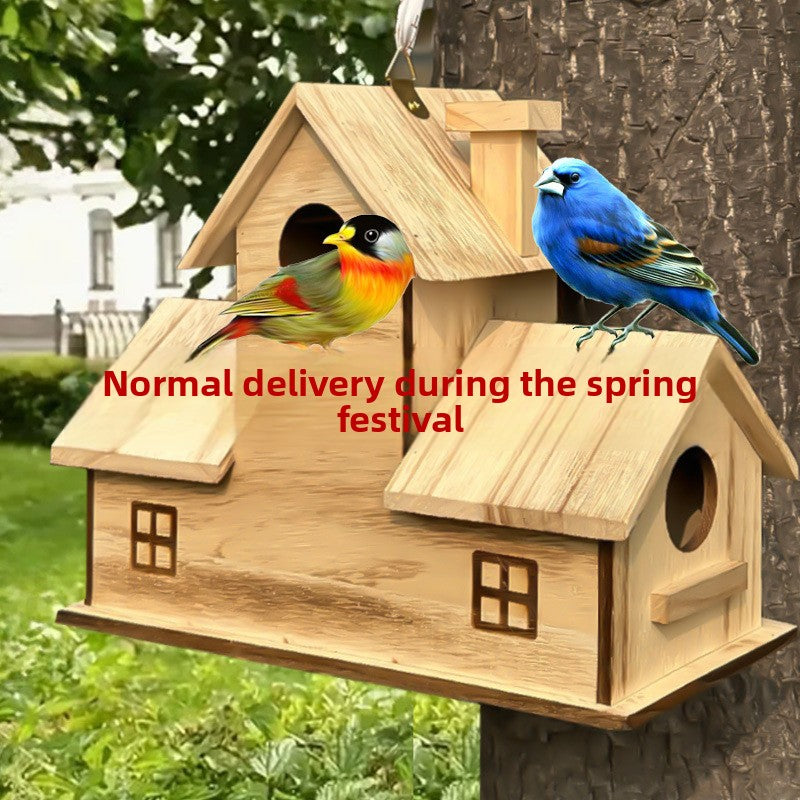Natural wooden five hole bird nest box house, view 1