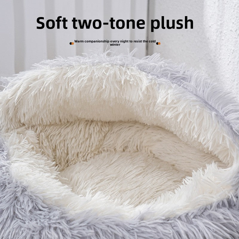 Semi-enclosed shell cat bed with plush lining, sizes from 40cm Diameter