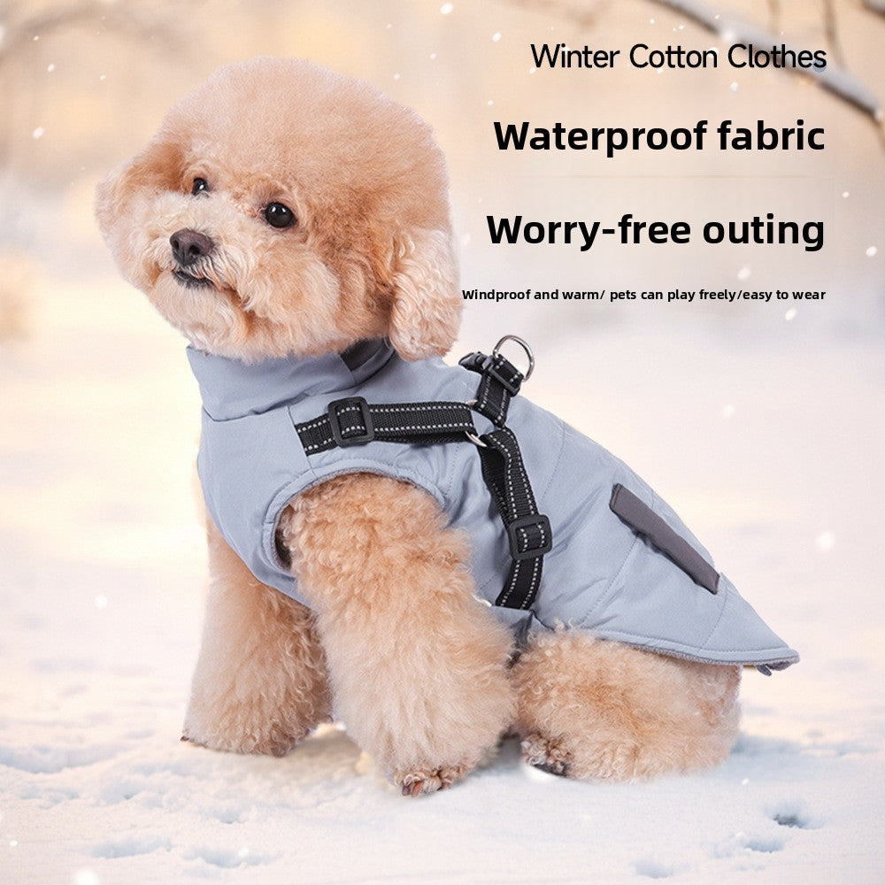 Stand collar padded dog winter coat in Taro Purple, front view