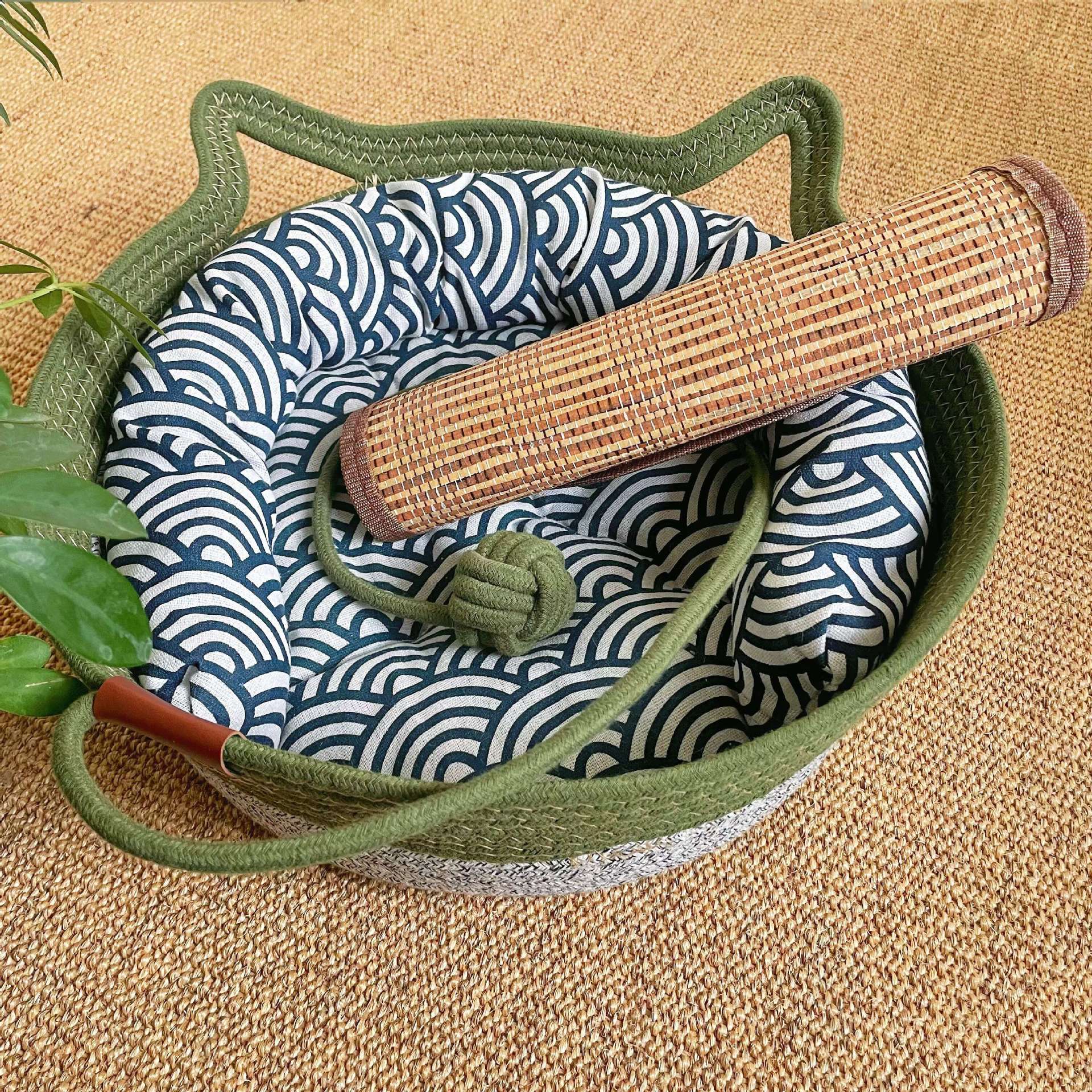 Small woven rattan cat nest in macaron blue with ball, view 52
