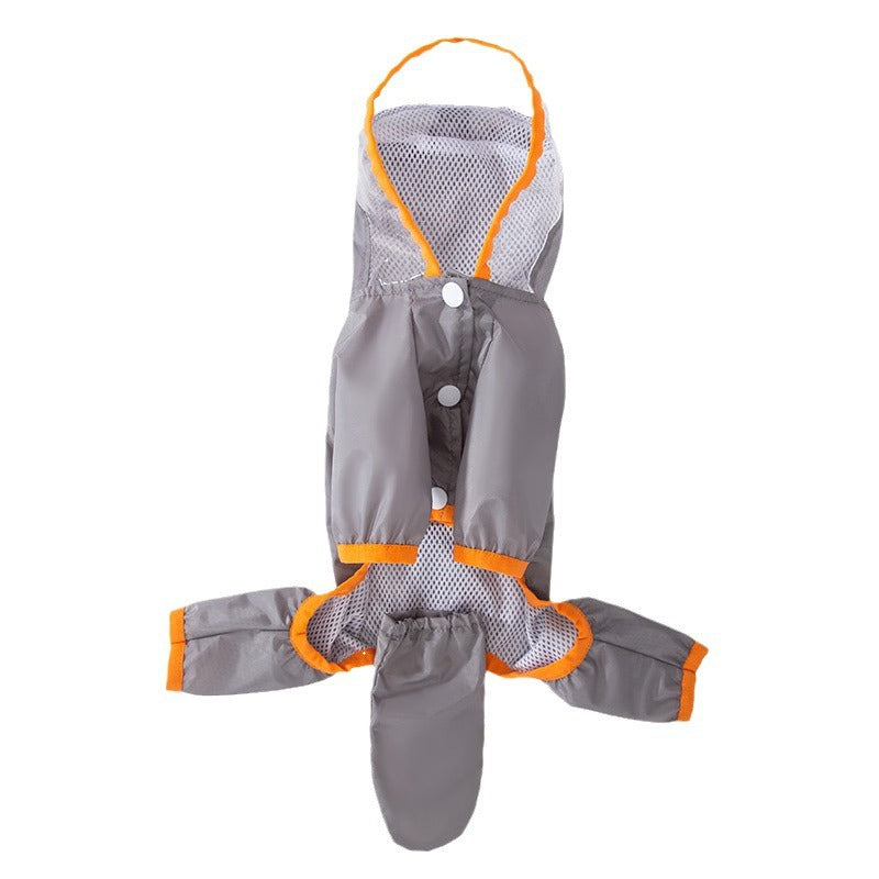 Small dog in an orange four leg raincoat with tail cover