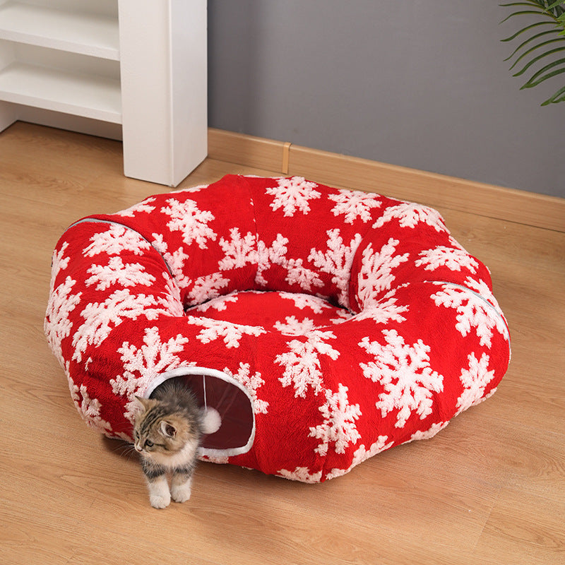 Round Christmas donut cat tunnel bed with festive print, product image 7