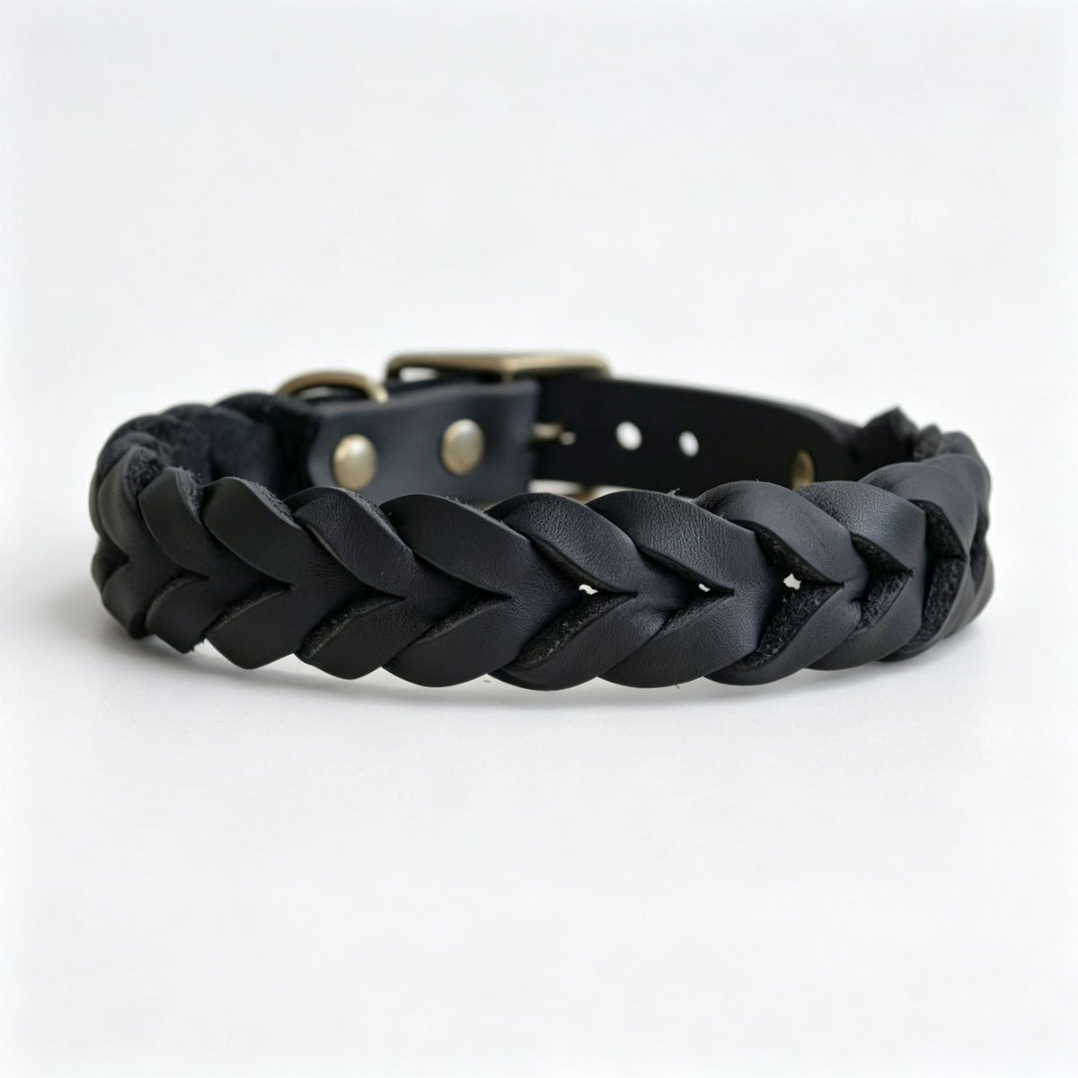 Vintage braided cowhide leather dog collar with bronze buckle, product image 12