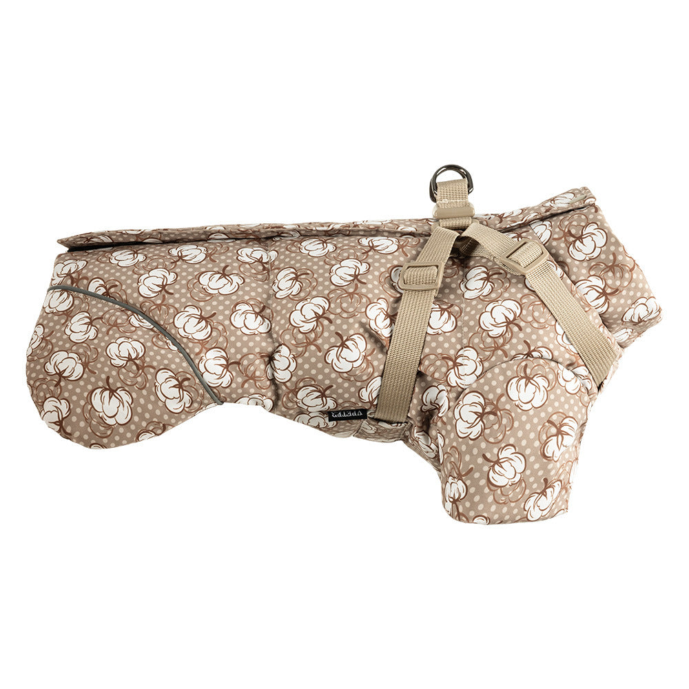 Thick padded windproof dog coats shown in three colourways