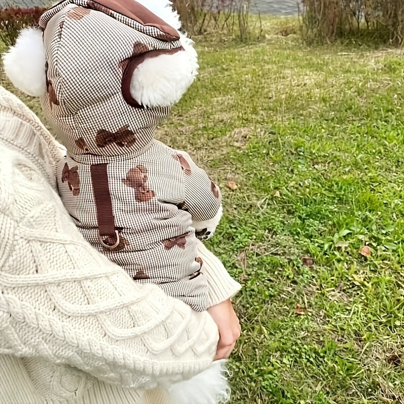 Warm padded dog coat and hat set with lead ring in Yellow, material detail