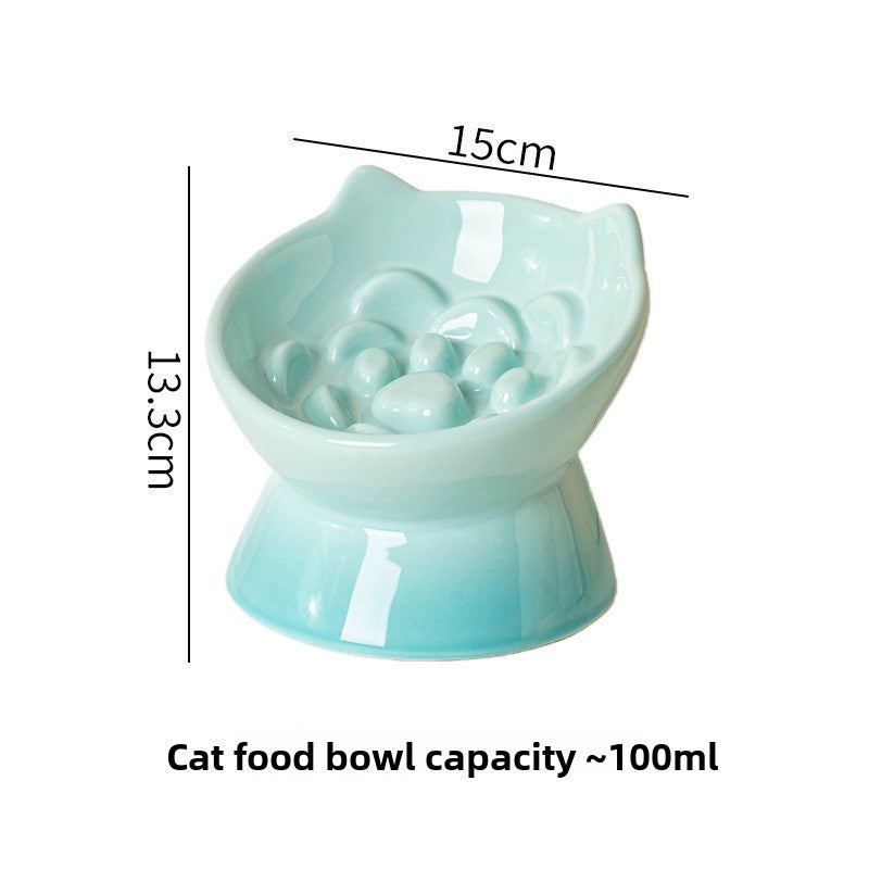Ceramic High-Foot Cat Bowl with Slanted Rim, Slow-Feeding Feature and Ear Handles