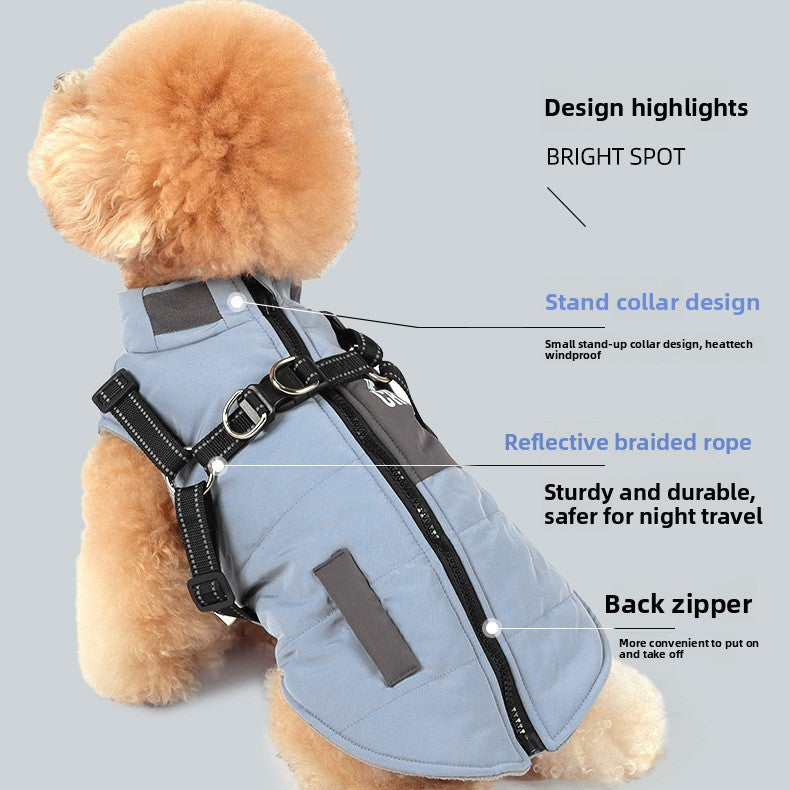 Stand collar padded dog winter coat in Fog Blue, side view
