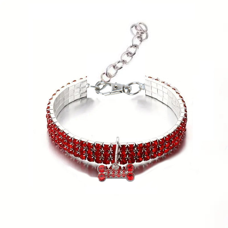 Rhinestone elastic pet collar with charm in Pink Bone, in use with a pet