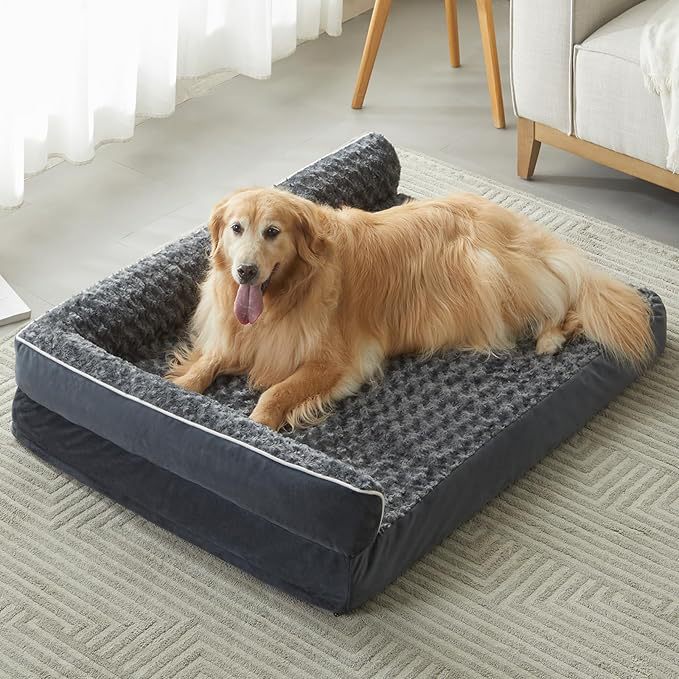 Supportive plush dog bed with removable mat in Dark Grey