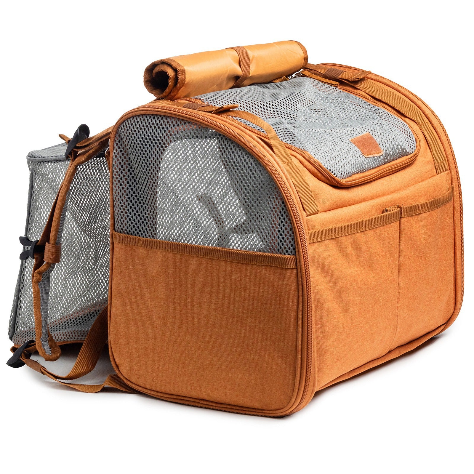 Light brown expandable pet carrier backpack with mesh panels, view 5