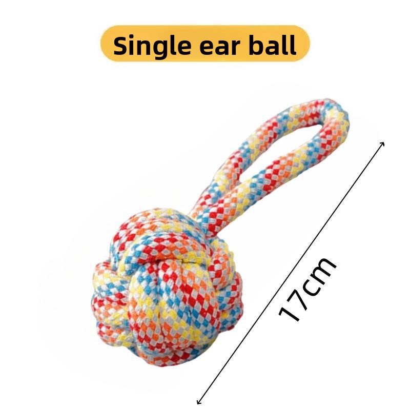 Assorted knotted cotton rope dog toys in sixteen fun designs