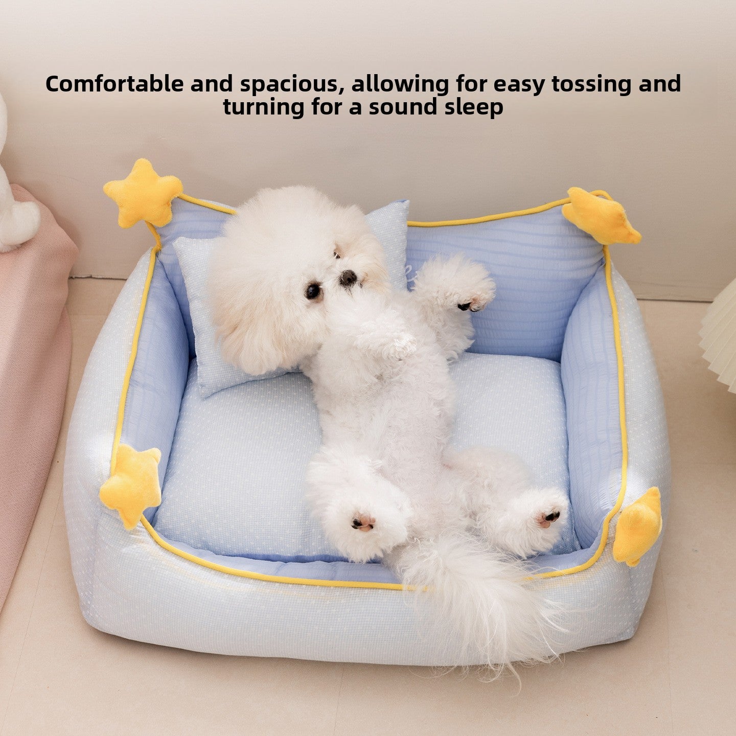Detachable open pet bed with matching pillow in a cute print pattern, photo 2