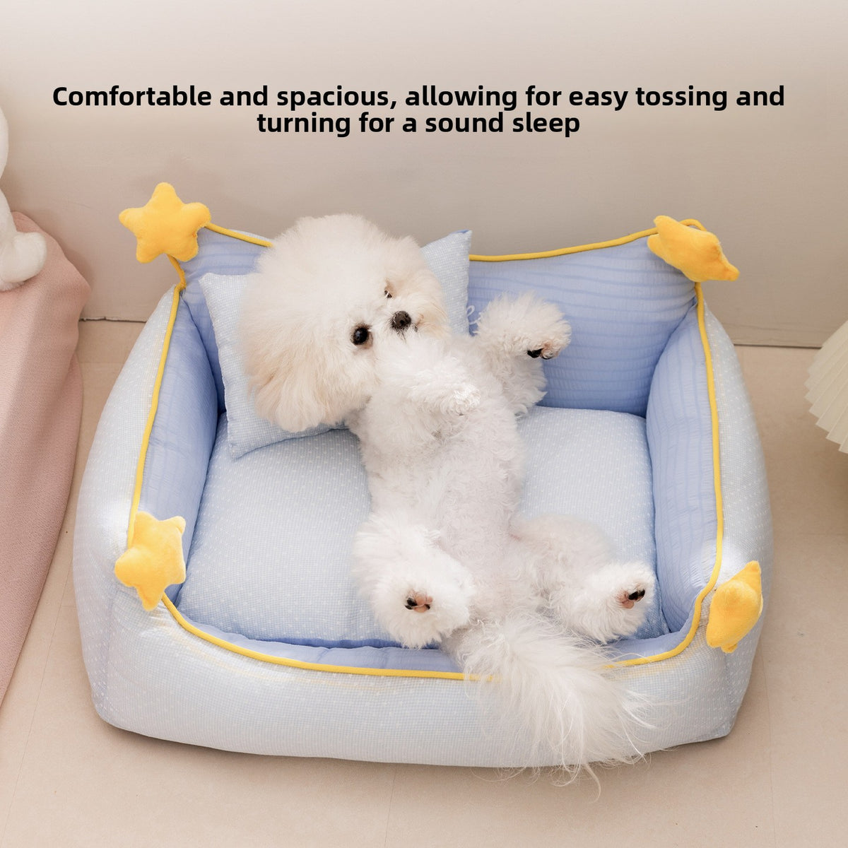 Detachable open pet bed with matching pillow in a cute print pattern, photo 2