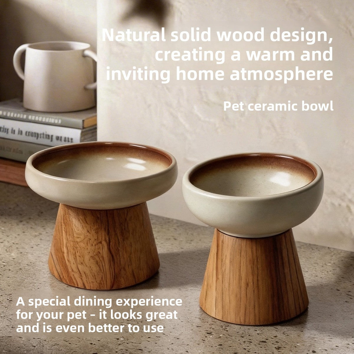 Ceramic Cat Bowl with Optional Solid Wood Stand in Tall, Wide or Shallow Dish Styles