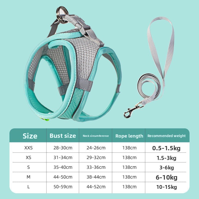 Two tone vest harness in pink and grey on a small dog