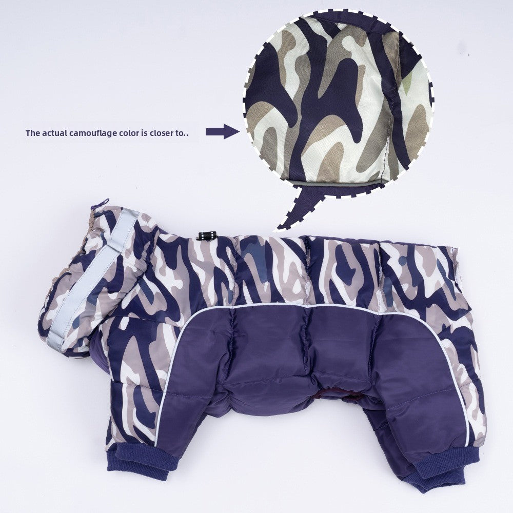Waterproof camouflage four-leg dog coat in Purple Camouflage, in a home setting