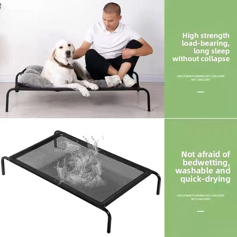 Raised dog cot with iron frame and breathable cover, close-up detail view
