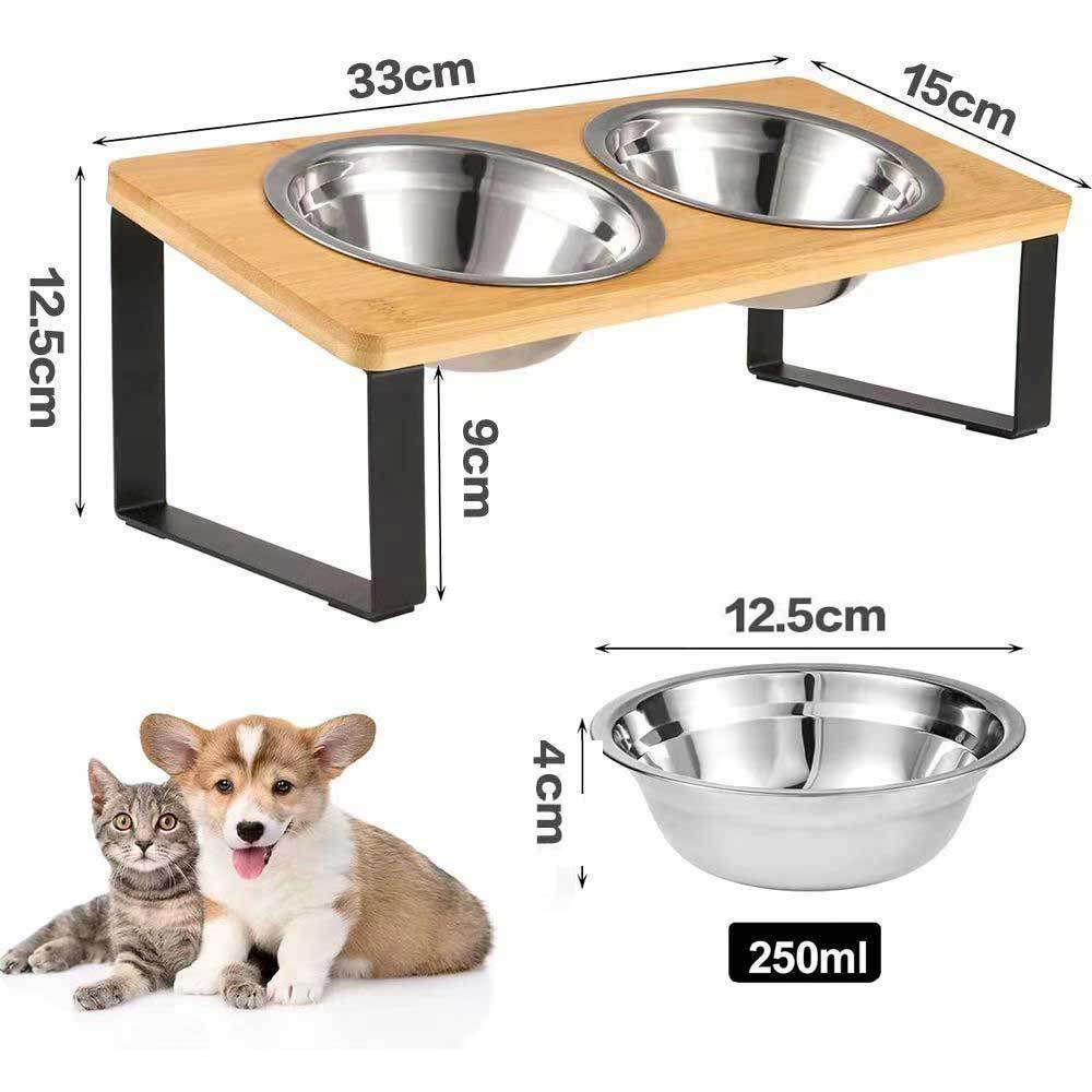 Bamboo and Wood Cat and Small Dog Bowl Set with Stainless Steel Inserts, Double or Triple