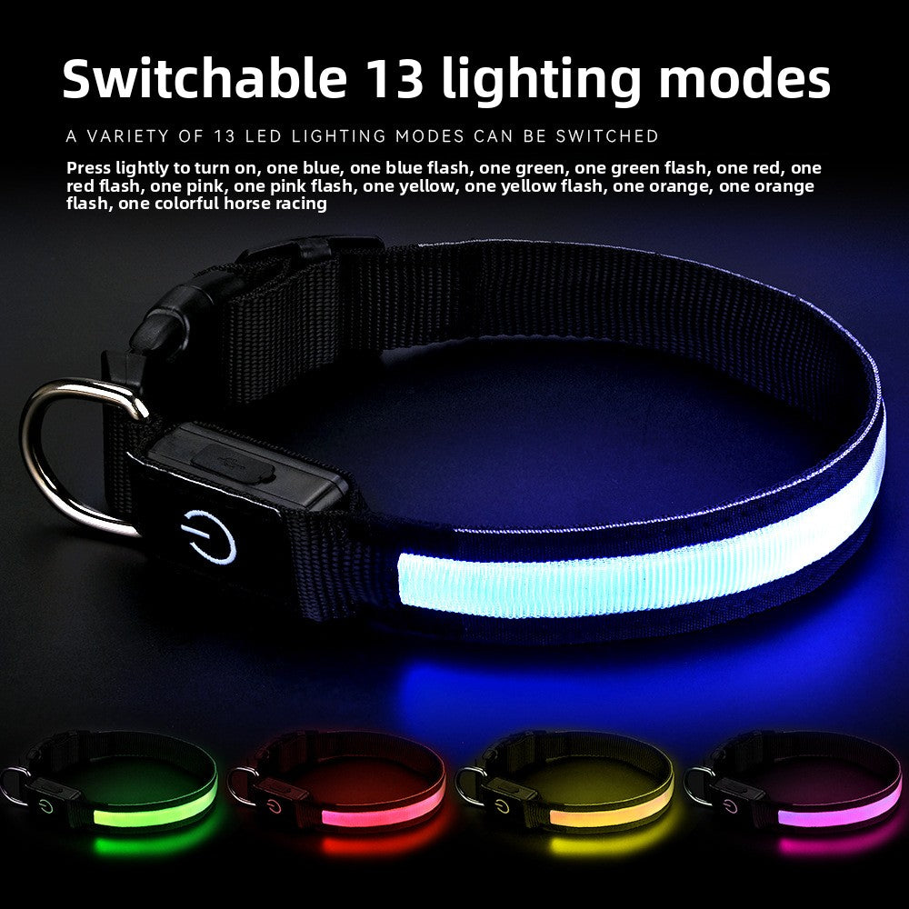 Rechargeable glowing nylon pet collar lit up at night, product image 20