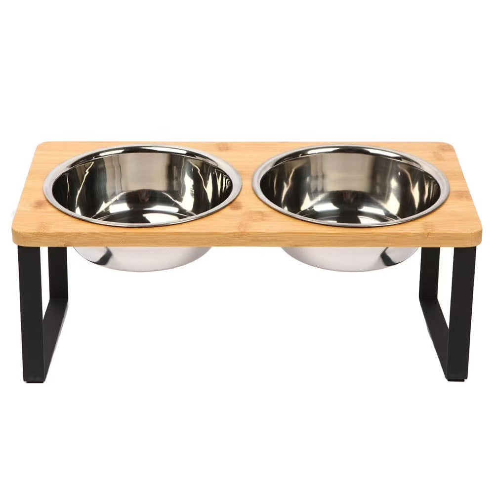 Bamboo and Wood Cat and Small Dog Bowl Set with Stainless Steel Inserts, Double or Triple