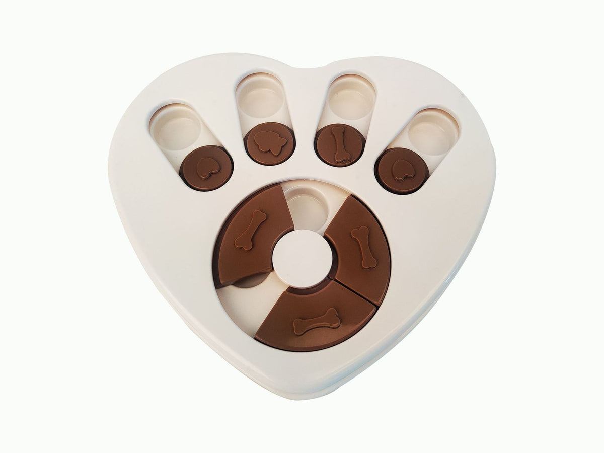 Dog puzzle slow feeder bowl in Heart, White and Coffee