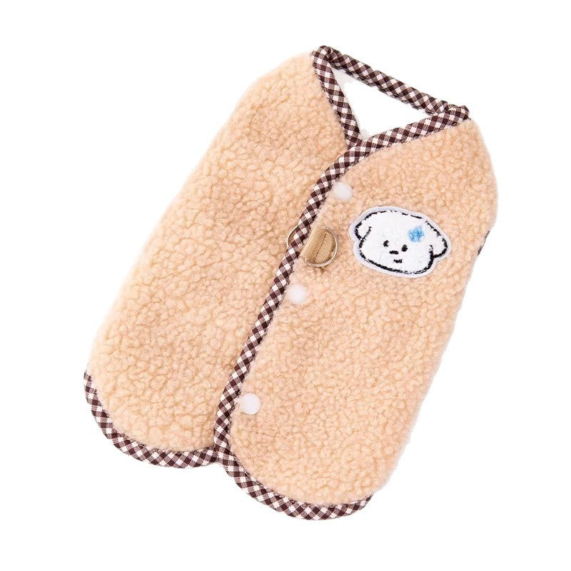 Fleece lined pet vest with back lead opening, showing size and shape
