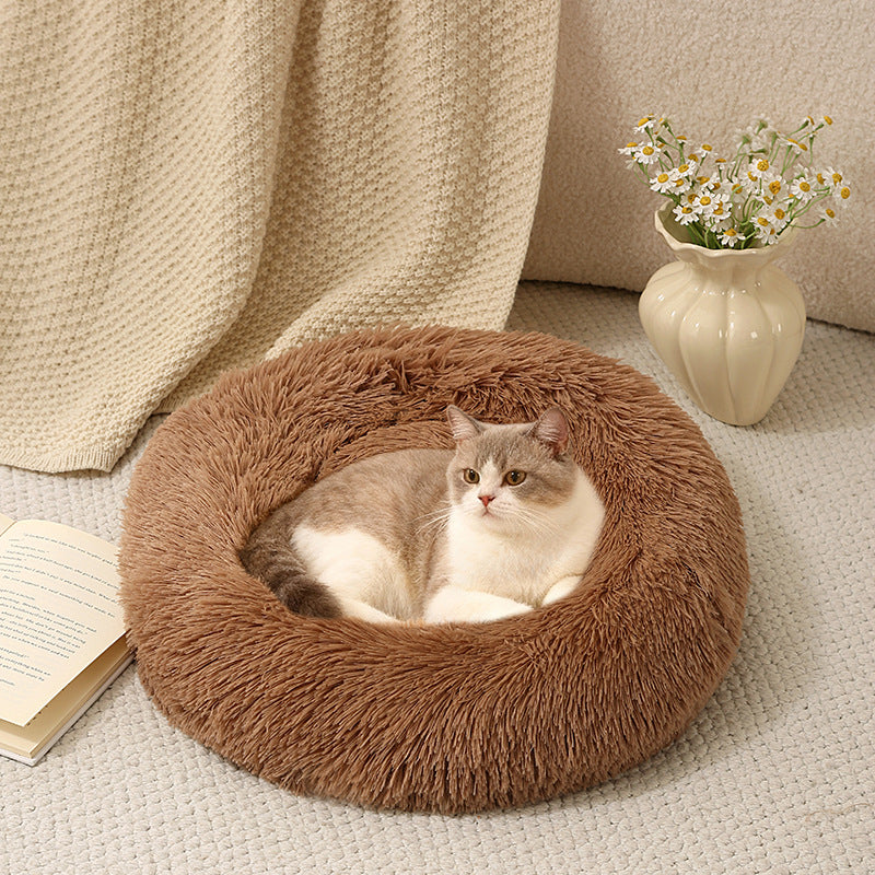 Round plush donut bed for dogs and cats, main product photo