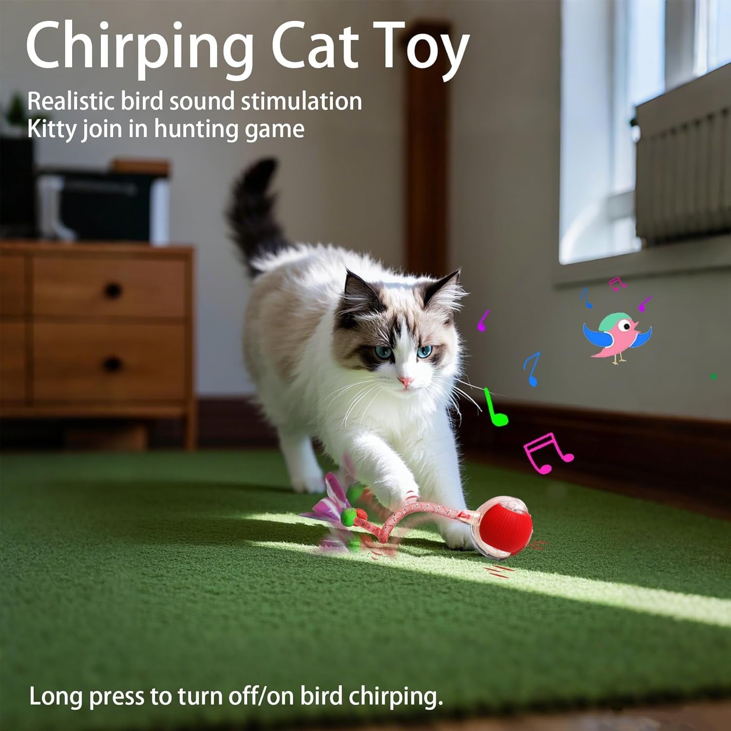 Red automatic rolling cat toy ball with dragonfly tail, photo 2