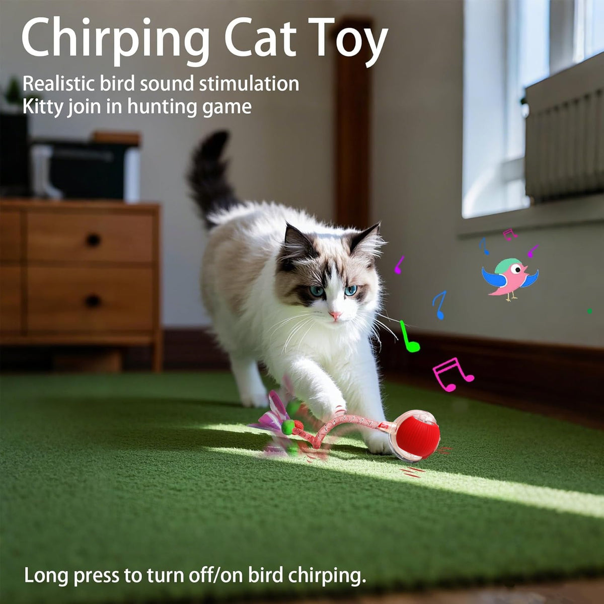 Red automatic rolling cat toy ball with dragonfly tail, photo 2