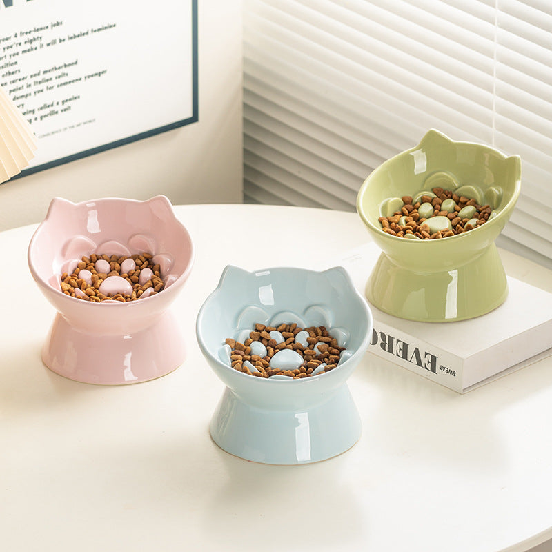 Ceramic High-Foot Cat Bowl with Slanted Rim, Slow-Feeding Feature and Ear Handles