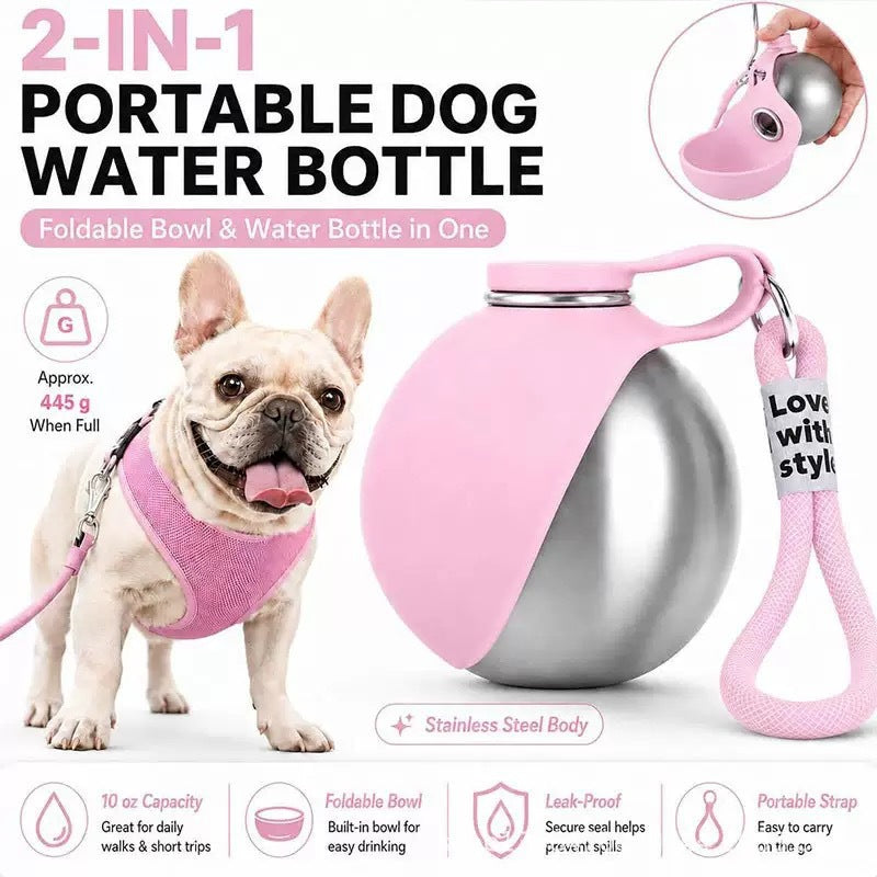 Ball-Shaped Foldable Pet Water Bottle with Carry Hook in Stainless Steel or Plastic