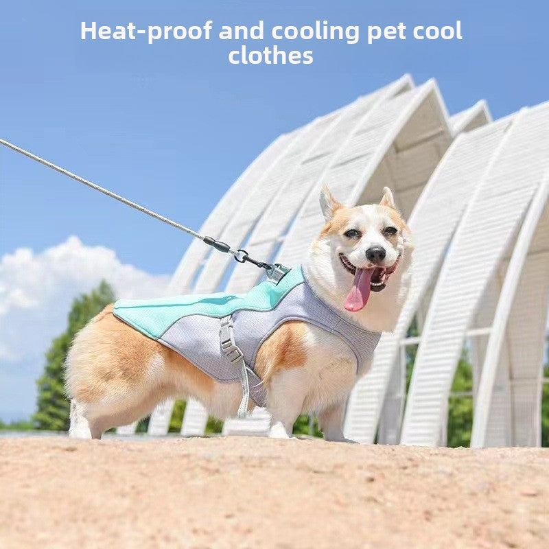 Lightweight summer dog vest with reflective trim in Blue, front view