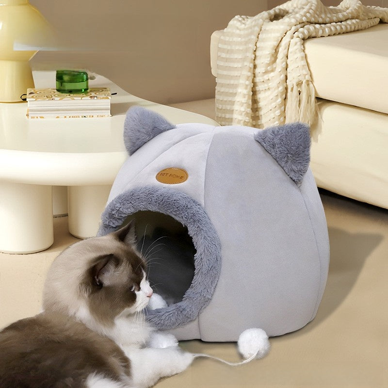 Grey enclosed cat head pet house with washable pad, view 3