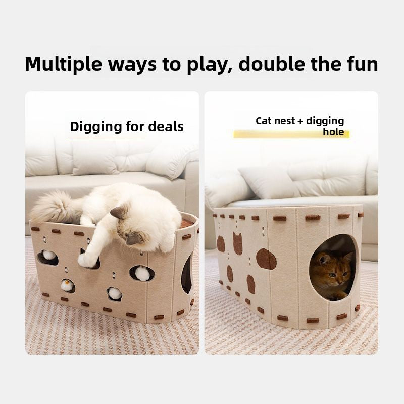Beige double layer felt cat bed and scratching board, view 3