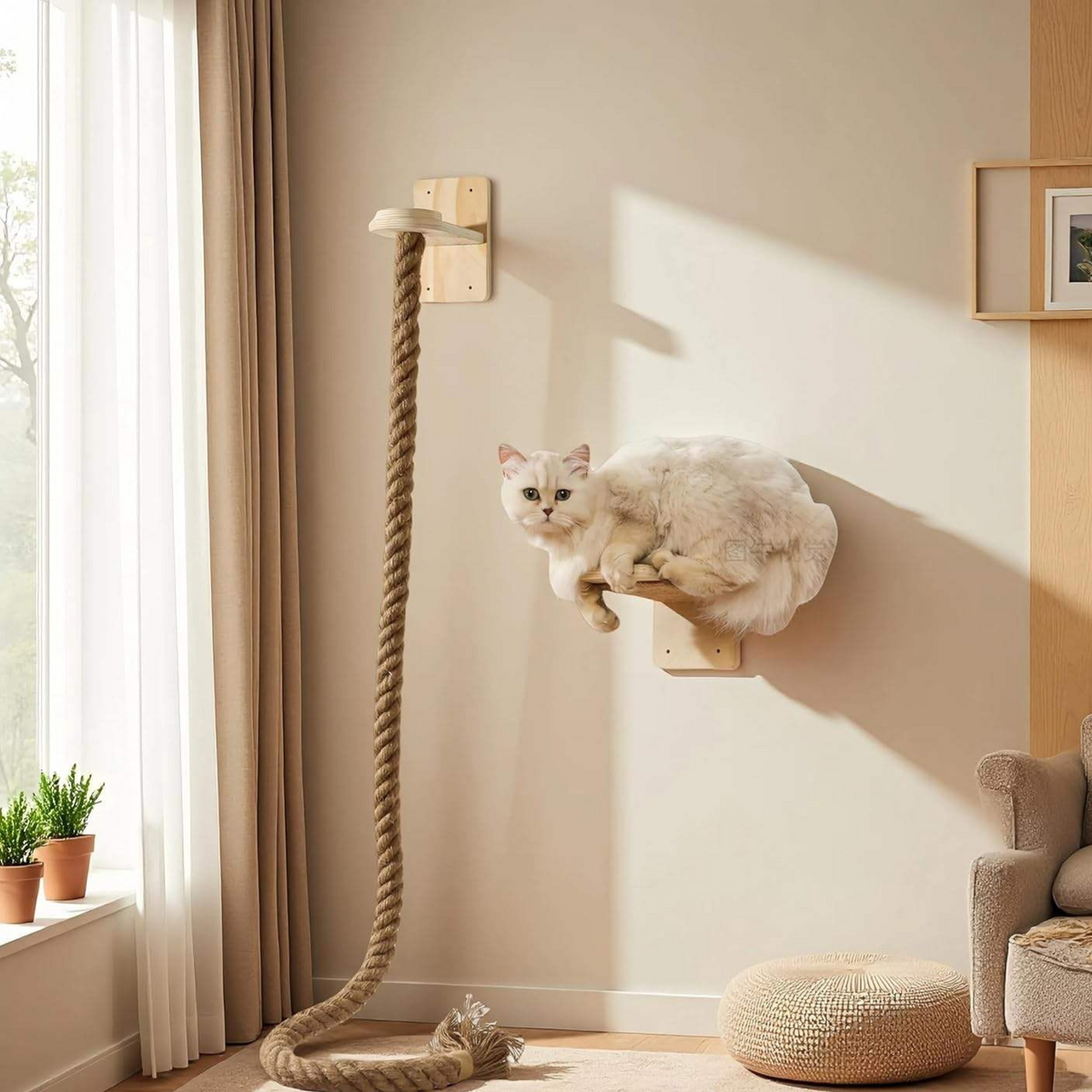 Wooden wall-mounted cat climbing platform with jute rope