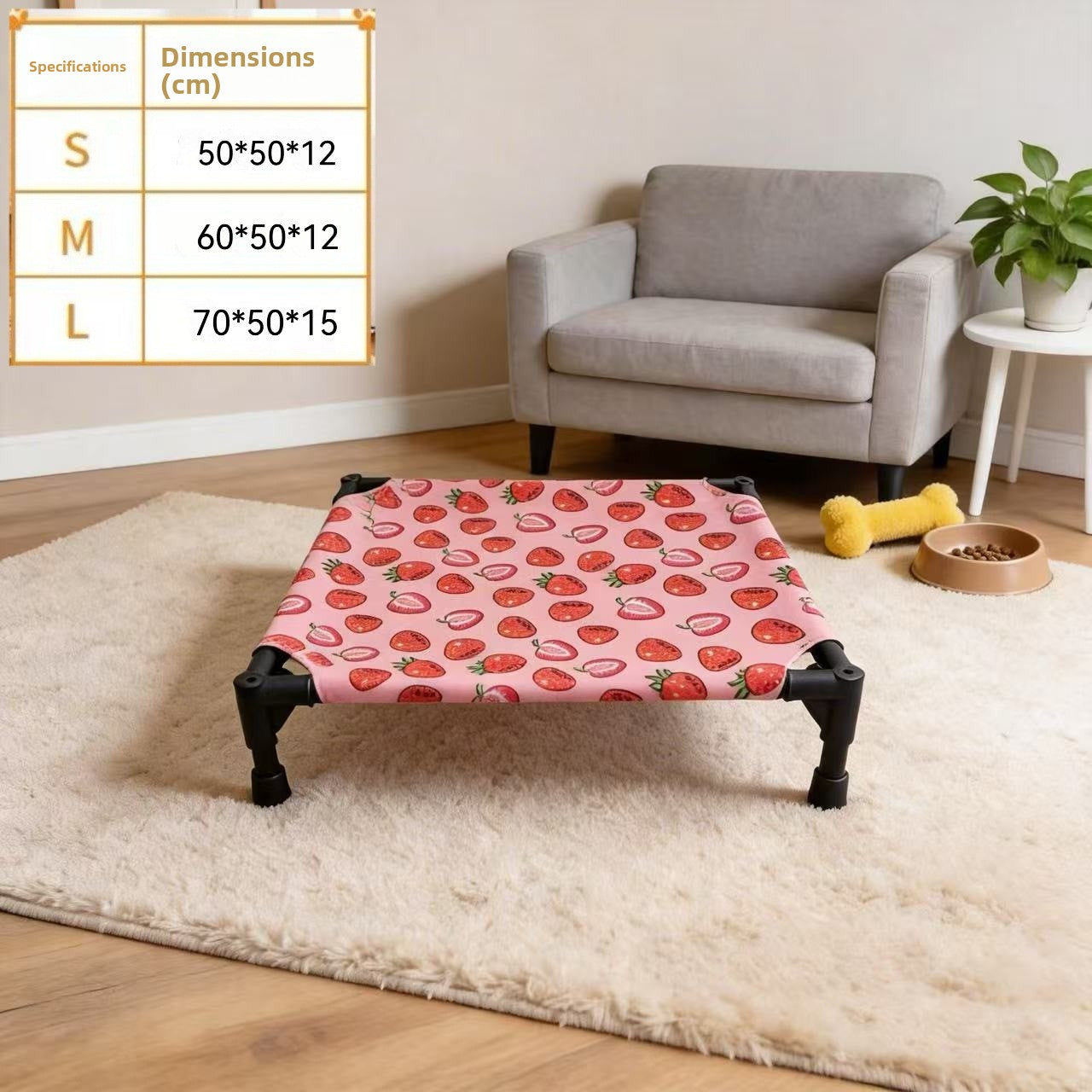 Elevated breathable mesh pet bed for cats and small dogs in Red Strawberry