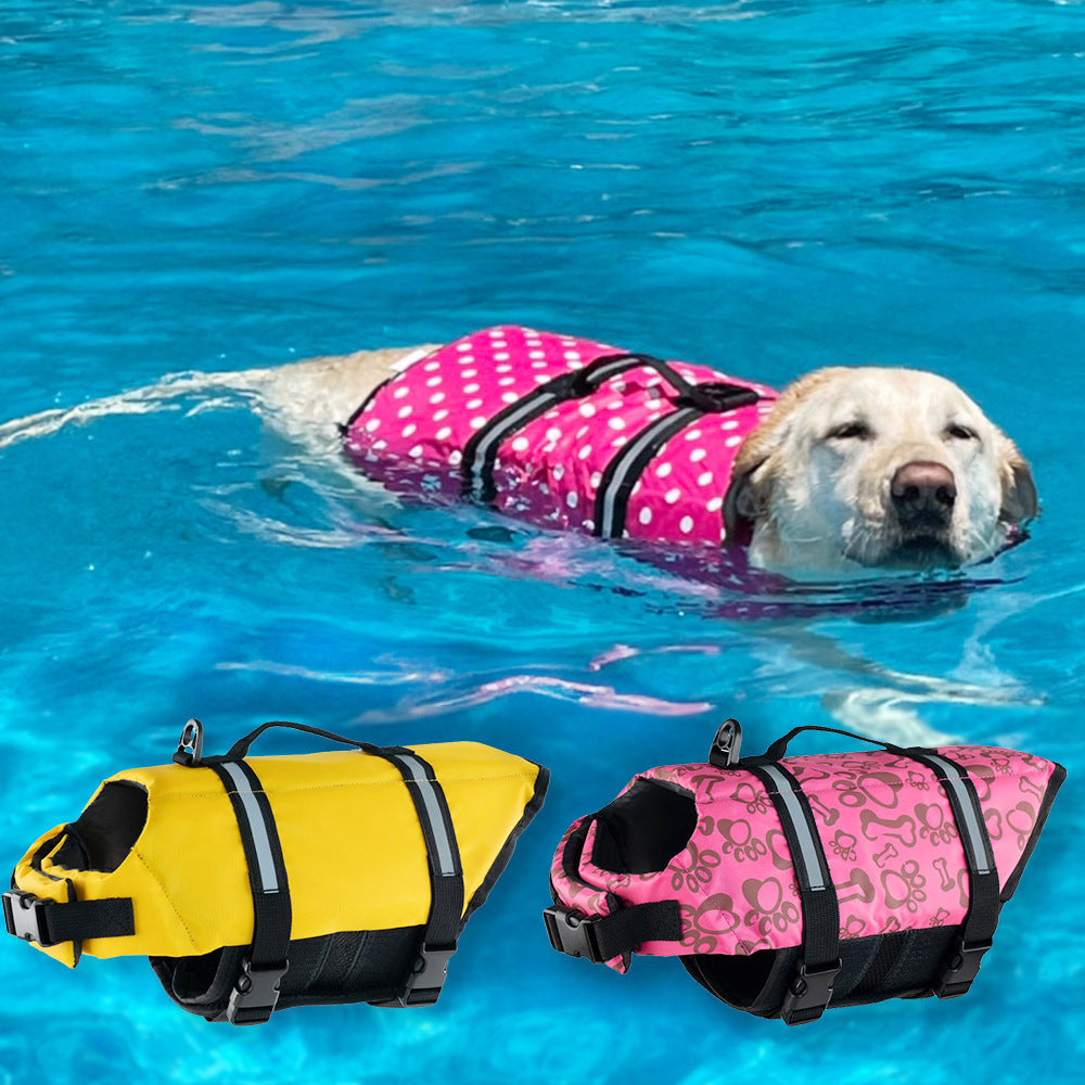 Dog life jacket swim vest with adjustable straps in floral print, view 1