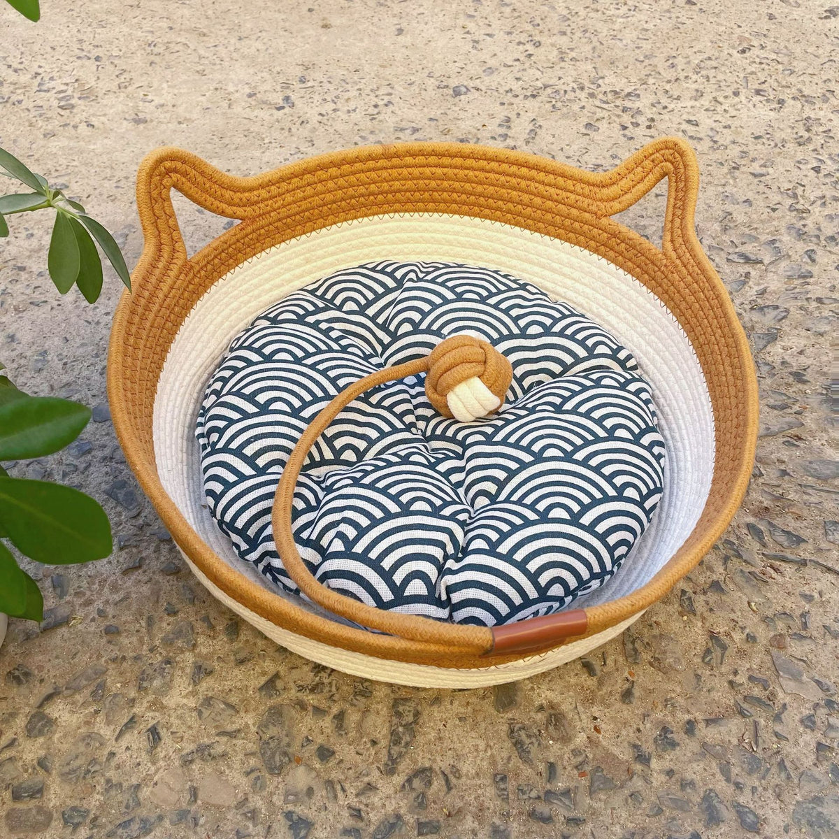 Woven rattan cat bed with cat ears and toy ball, view 15