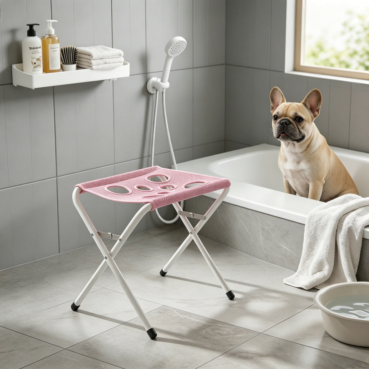 Foldable stainless steel pet bathing rack holding a dog in the bath