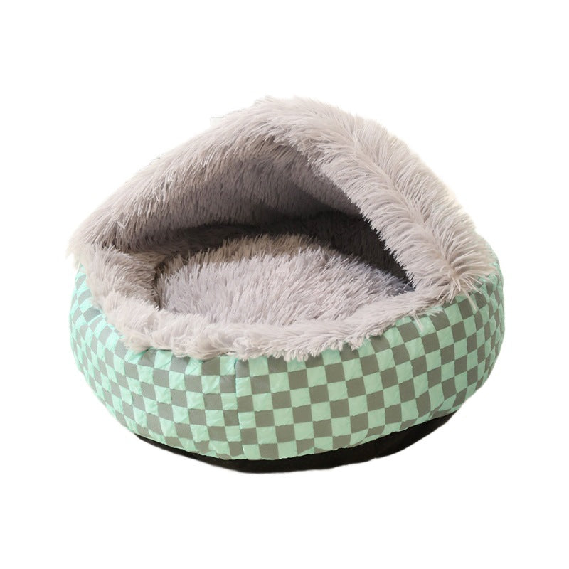 Plaid shell shaped semi enclosed cat bed with plush lining, view 4