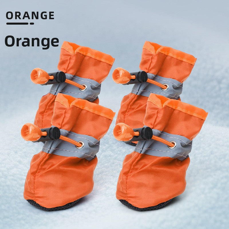 Anti-slip waterproof dog shoes with reflective strips in Red, showing size and shape