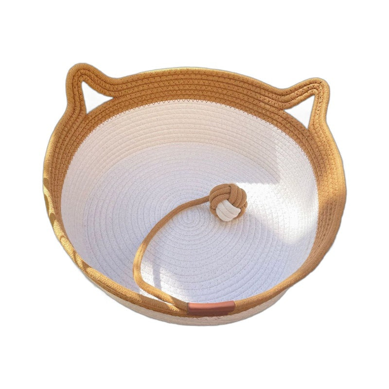 Small woven rattan cat nest in macaron blue with ball, view 4