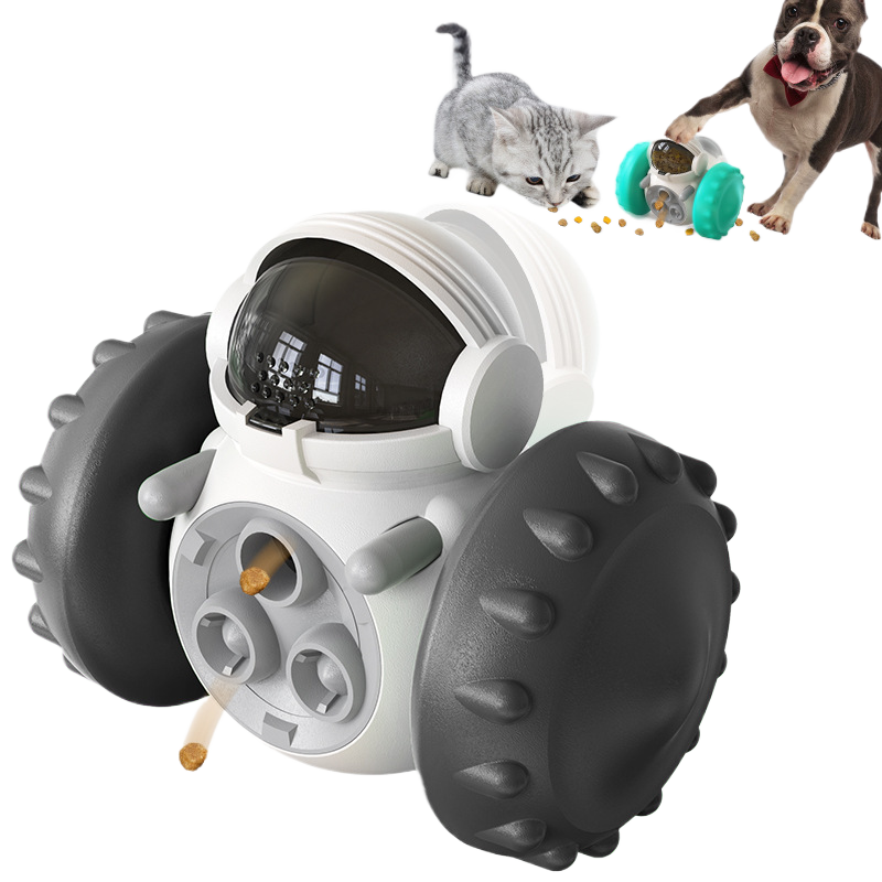 Interactive Cat Food Dispensing Toy with Wobbling Robot or Tumbler Design and Slow Release