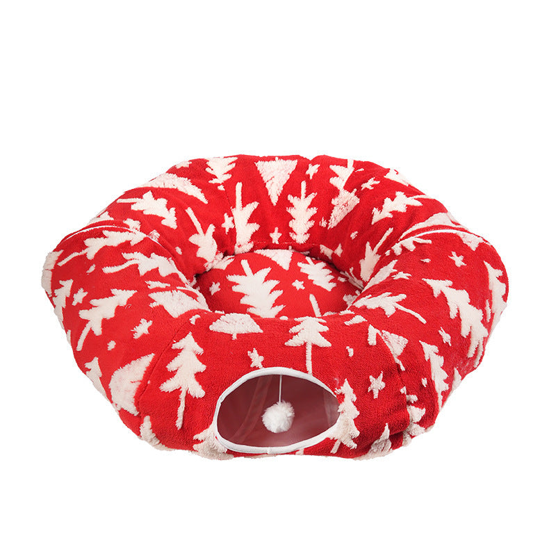Round Christmas donut cat tunnel bed with festive print, product image 8