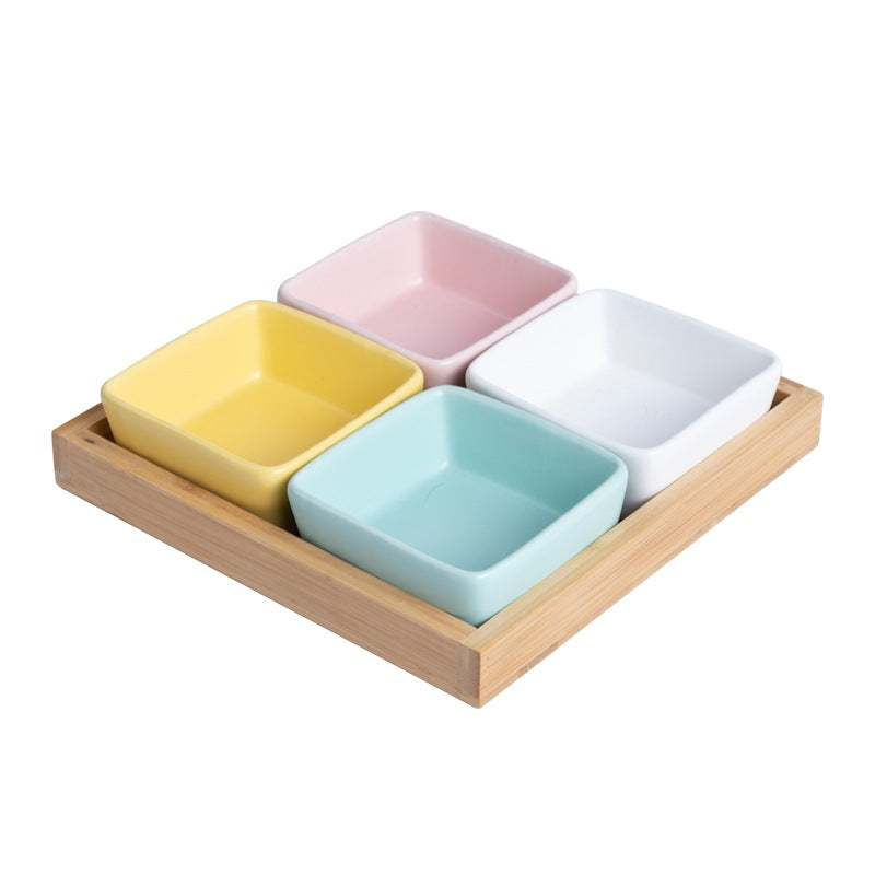 Square ceramic pet dishes on a raised bamboo feeding tray, view 5